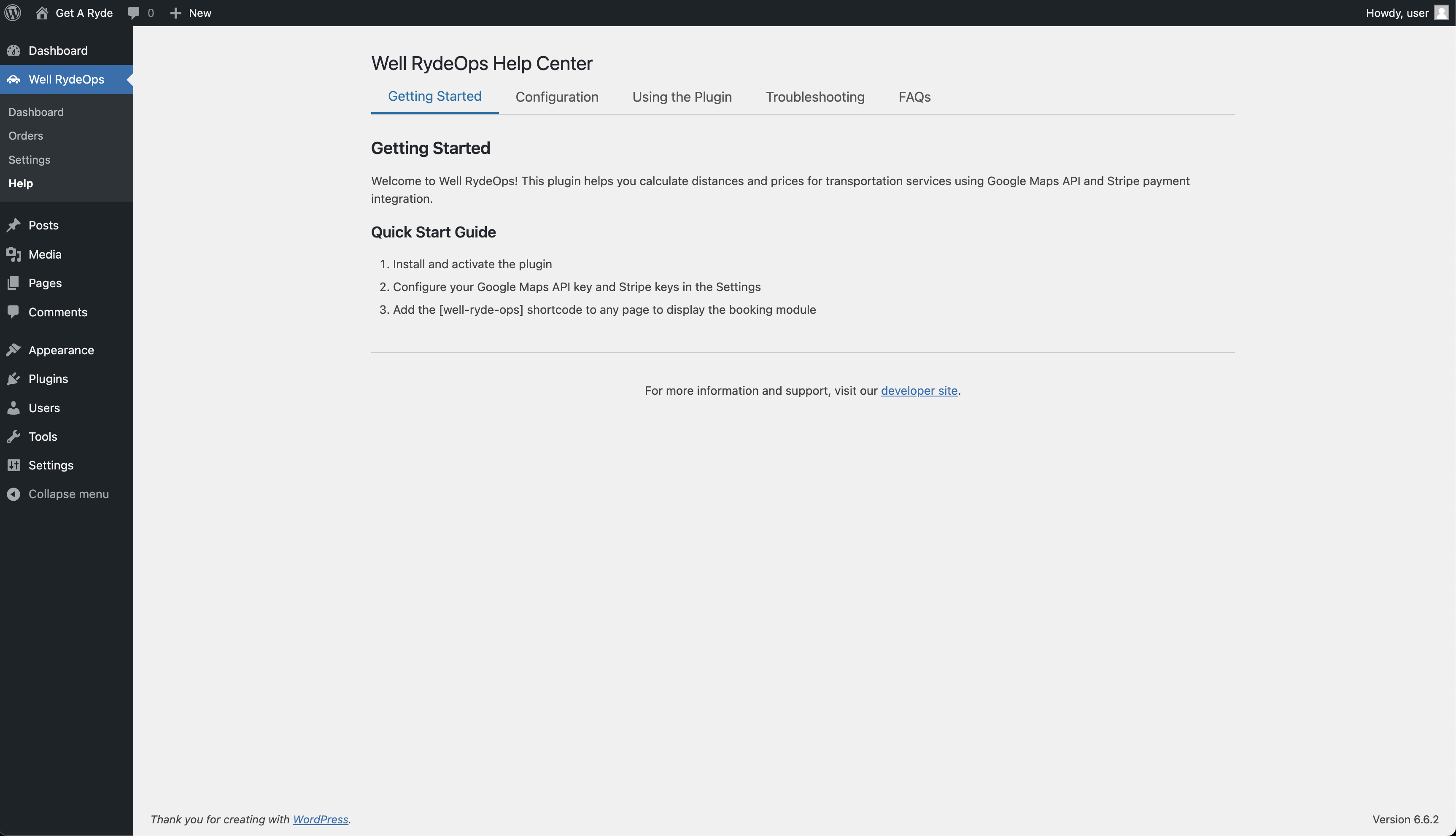 Well Ryde Ops WP Plugin Admin Pages