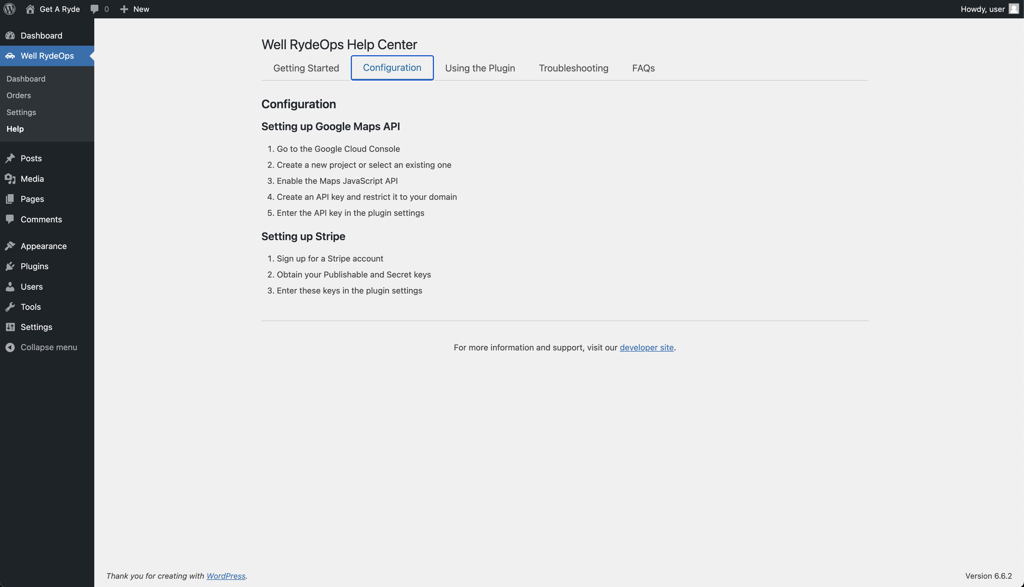 Well Ryde Ops WP Plugin Admin Pages