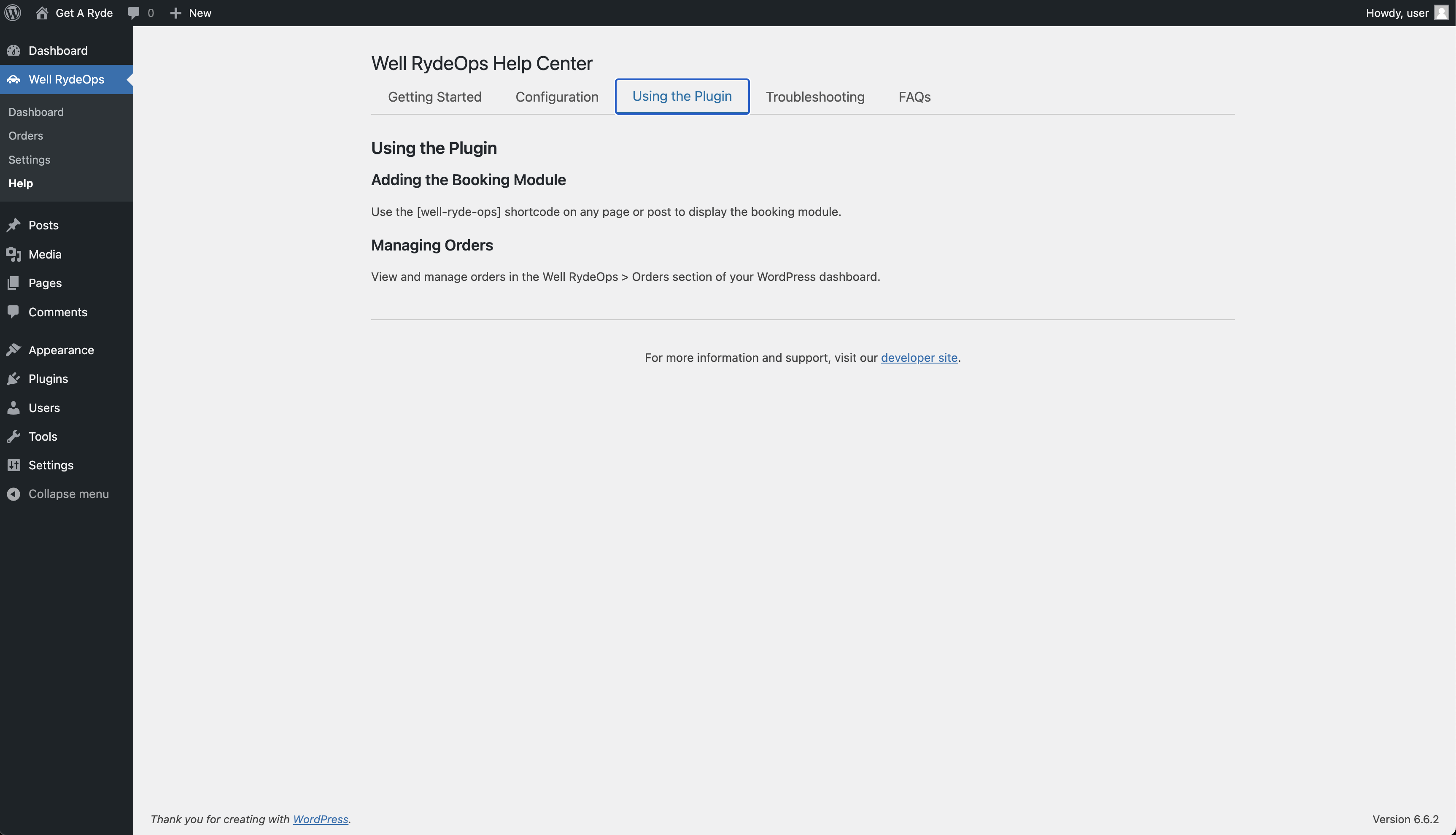 Well Ryde Ops WP Plugin Admin Pages