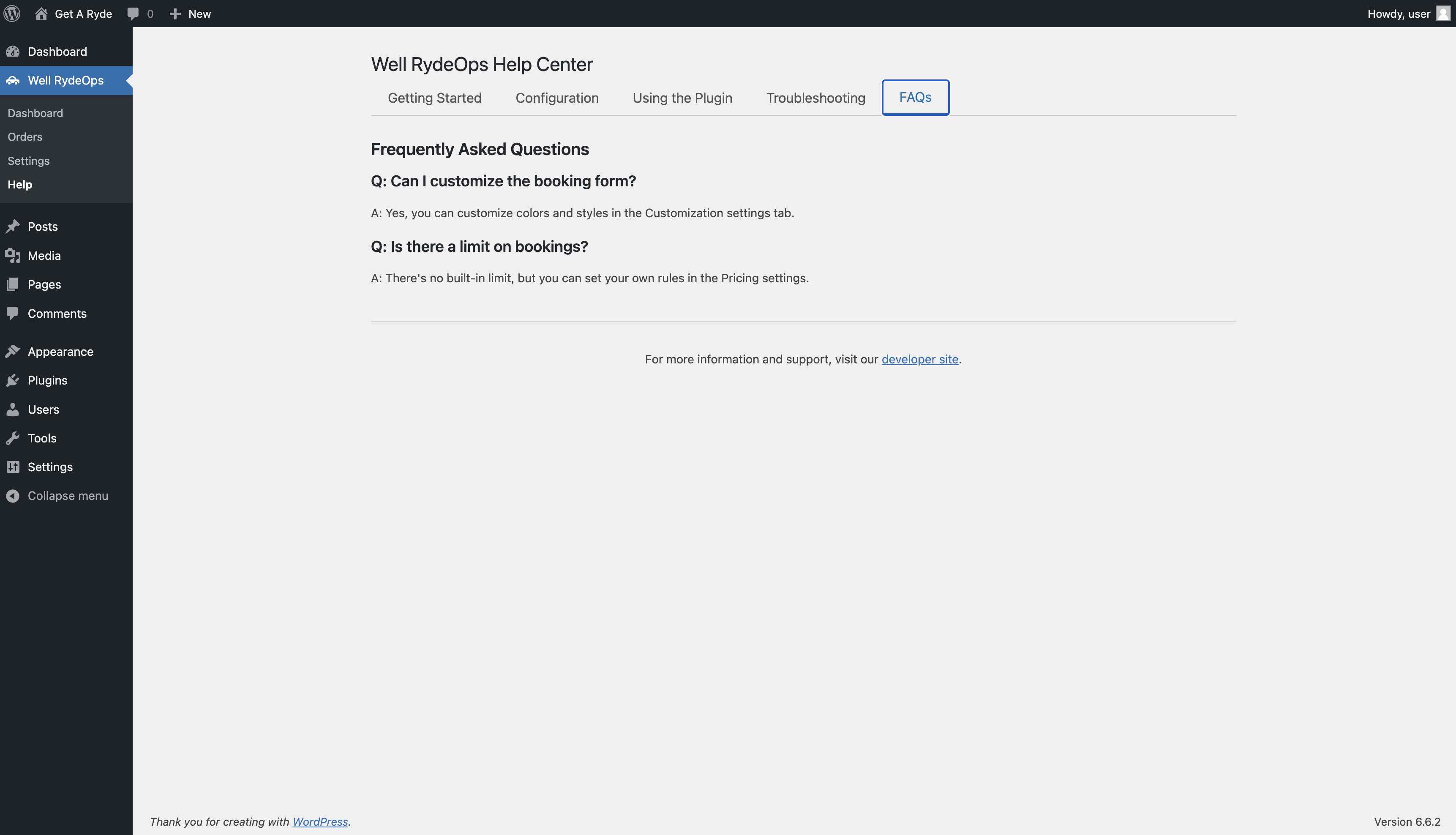 Well Ryde Ops WP Plugin Admin Pages