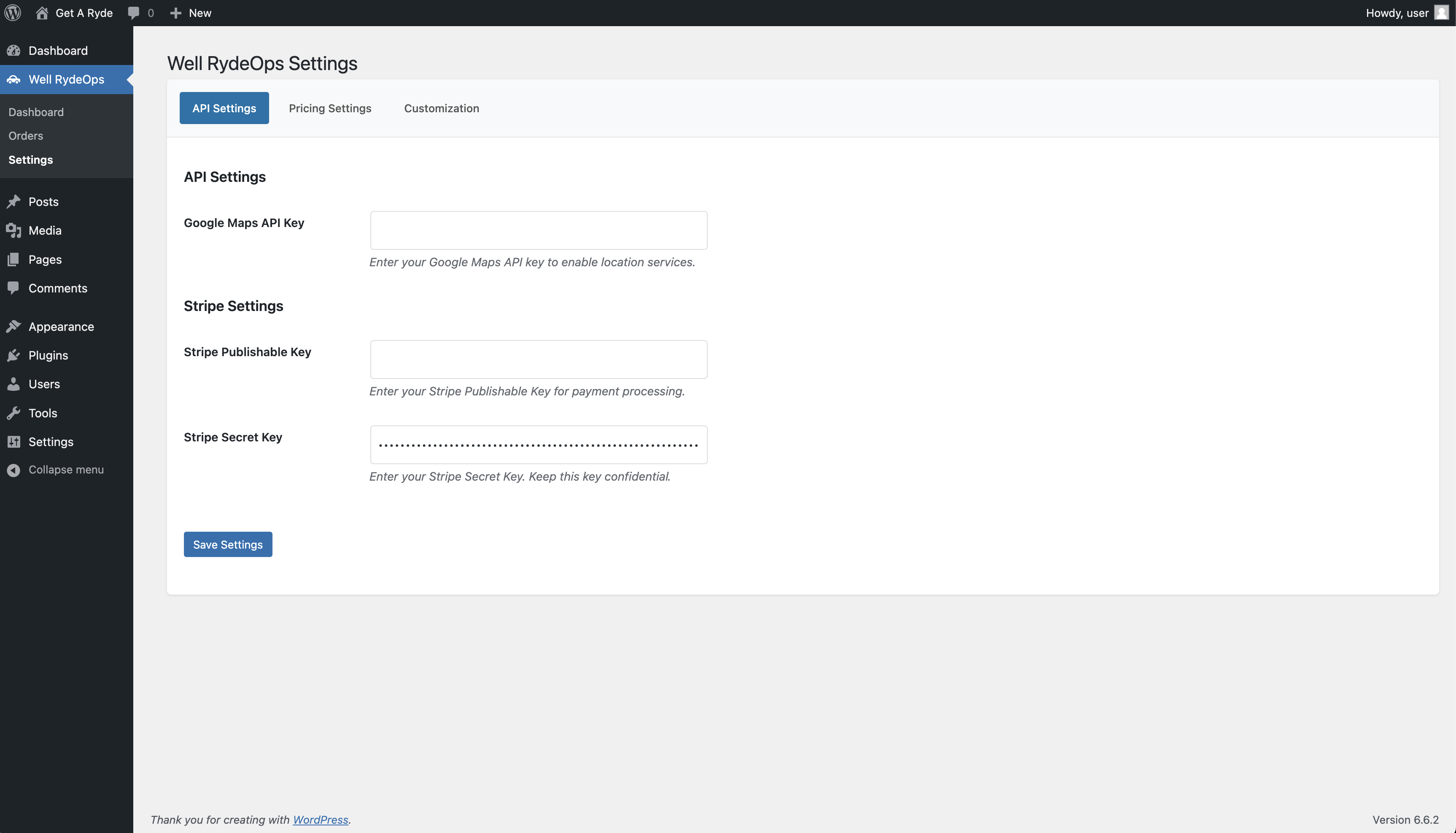 Well Ryde Ops WP Plugin Admin Pages