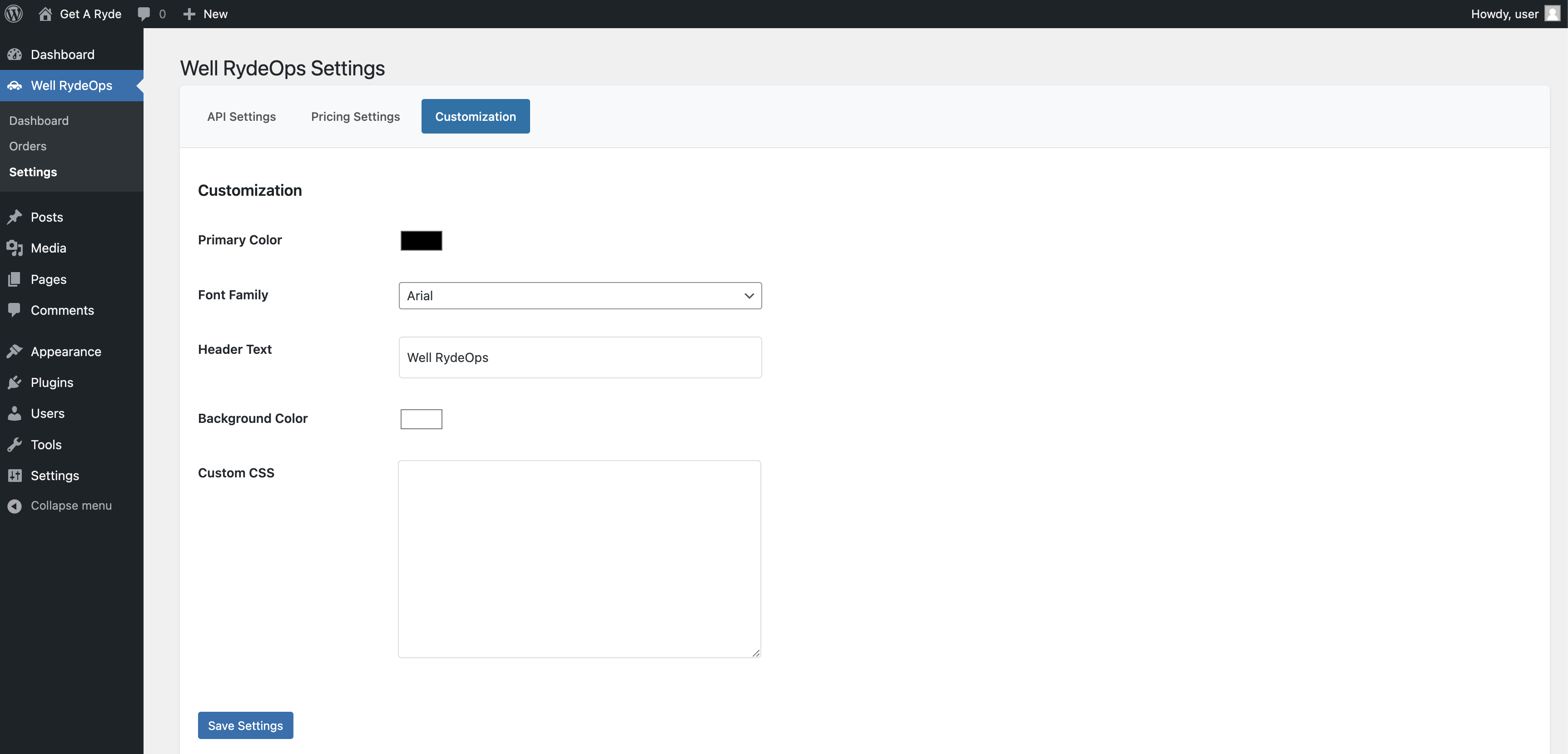 Well Ryde Ops WP Plugin Admin Pages