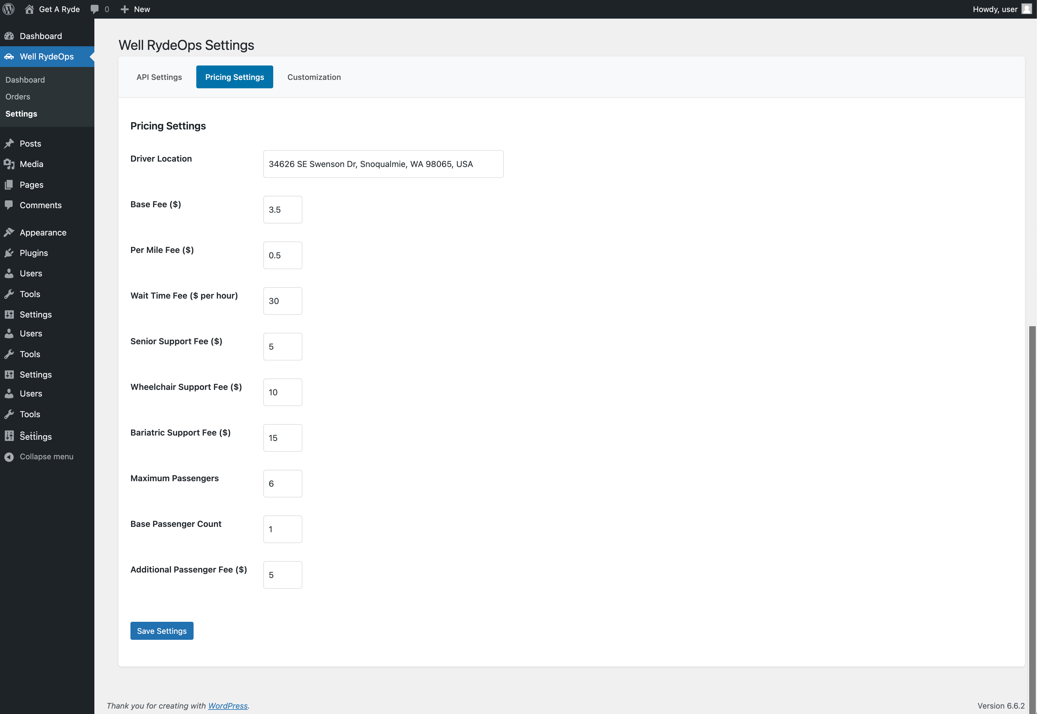 Well Ryde Ops WP Plugin Admin Pages